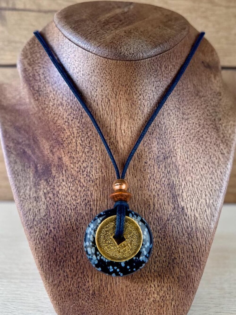 Snowflake Obsidian & Chinese Lucky Coin Necklace | Handmade - Picture 4 of 6